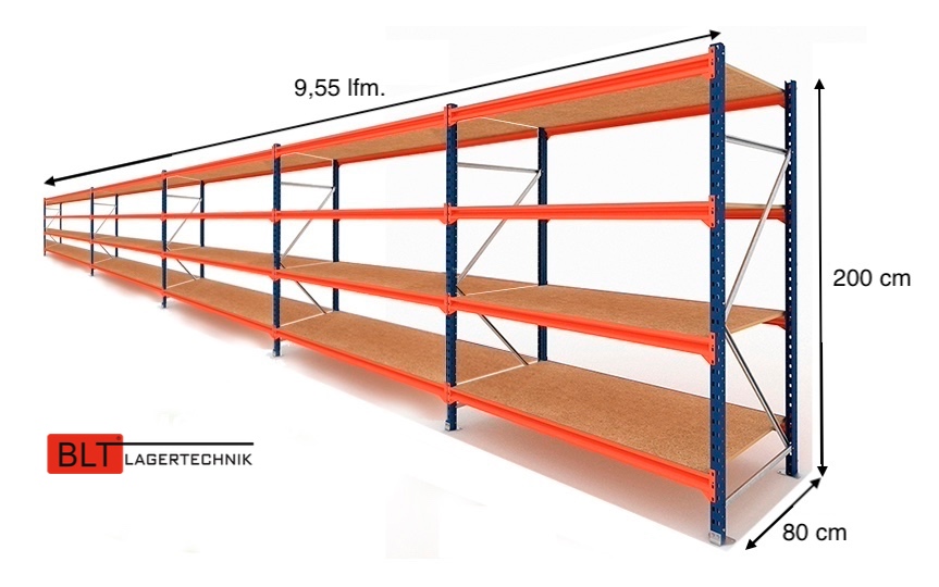 9,55 lfm Weitspannregale 80cm tief , 4 Ebenen, Werkstattregale , Lagerregale , Großfachregale , Handlager , Fachbodenregale